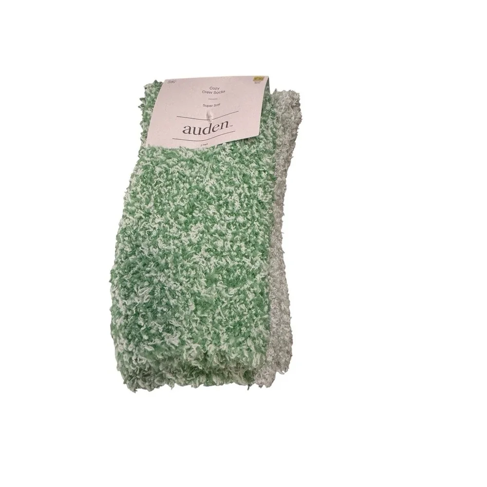 AUDEN Socks Cozy Fuzzy Crew Cut Super Soft 2 Pair Sizes 4-10 Green Gray Gift NWT